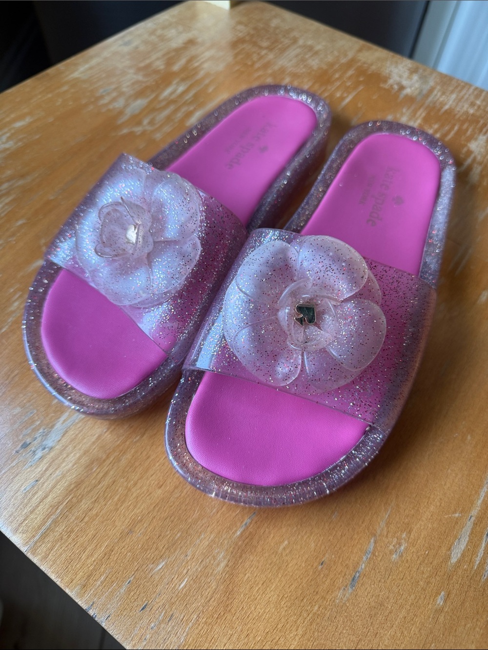 Kate Spade Girls Sparkle Pink Jelly Slide Sandals with Flower Accent